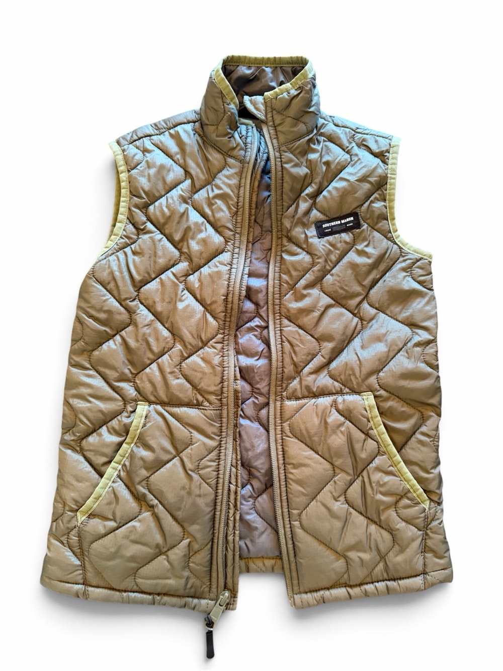 Southern Marsh Quilted Vest in Olive Green with Light Yellow Trim